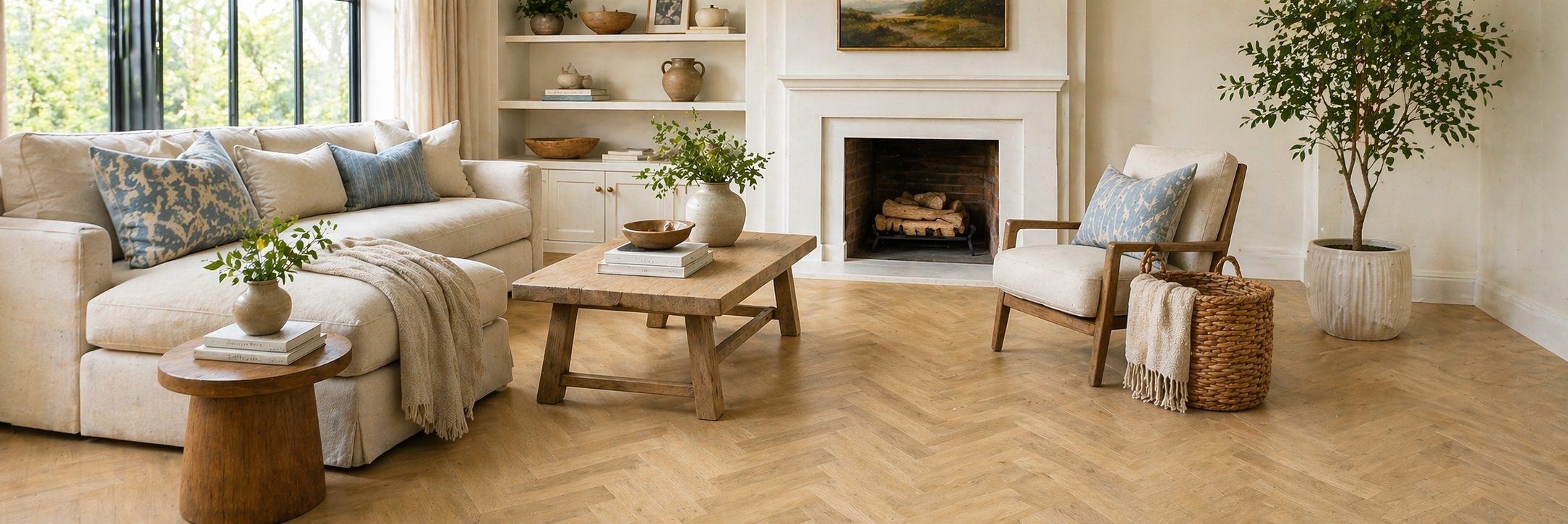 Living room with light oak herringbone flooring
